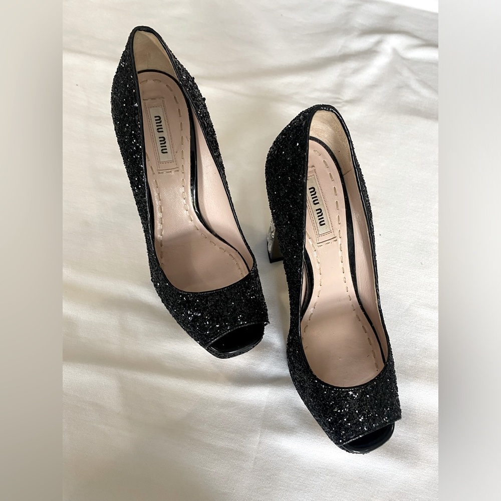 Miu Miu Black Glitter Peep-Toe Platform Pumps